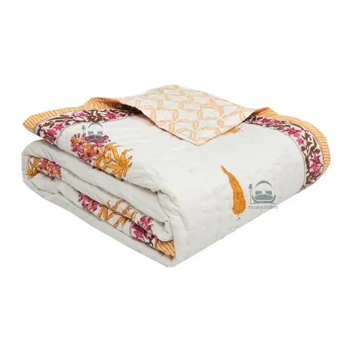 PINAARAS INTERIOR Hand Block Prints Cotton Single Bed Quilts/Razai/Rajai - Yellow (60X90 INCHES)