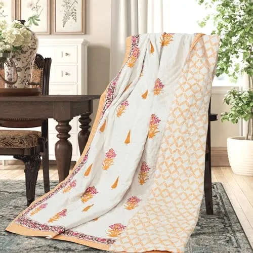 PINAARAS INTERIOR Hand Block Prints Cotton Single Bed Quilts/Razai/Rajai - Yellow (60X90 INCHES)