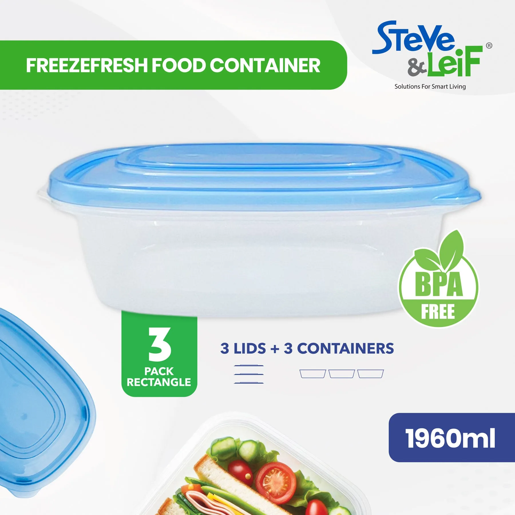 Rectangle Freezefresh Food Containers with Lids 1960ml (3 Pcs)