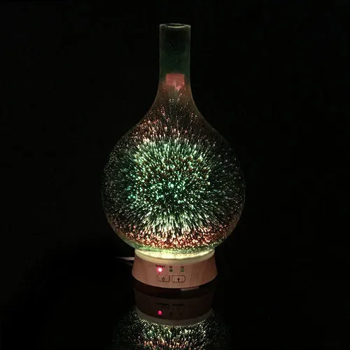 Round Bottom Flask Essential Oil Aromatherapy 6 Colorful LED Light Display Diffuser with a 3D Glass Vase Cover and a comforting Cool Mist