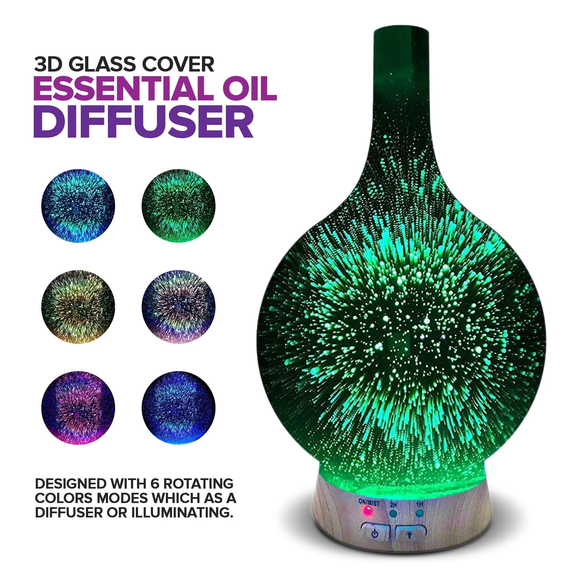 Round Bottom Flask Essential Oil Aromatherapy 6 Colorful LED Light Display Diffuser with a 3D Glass Vase Cover and a comforting Cool Mist