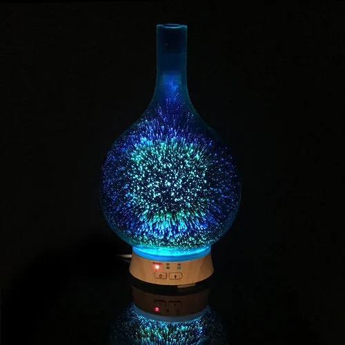 Round Bottom Flask Essential Oil Aromatherapy 6 Colorful LED Light Display Diffuser with a 3D Glass Vase Cover and a comforting Cool Mist