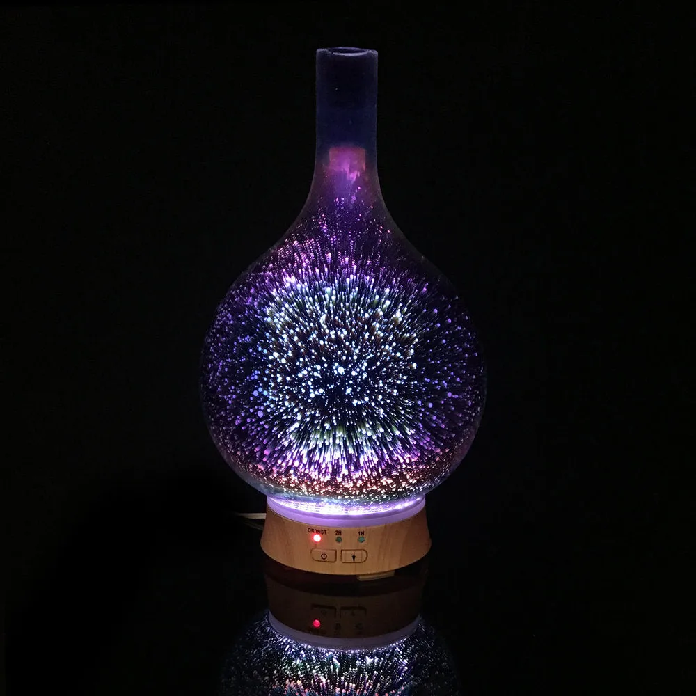 Round Bottom Flask Essential Oil Aromatherapy 6 Colorful LED Light Display Diffuser with a 3D Glass Vase Cover and a comforting Cool Mist