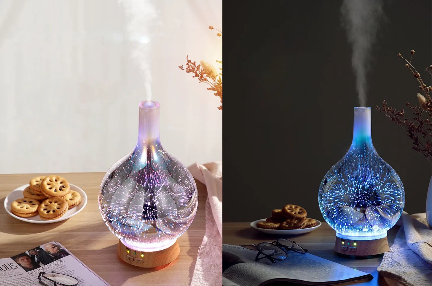 Round Bottom Flask Essential Oil Aromatherapy 6 Colorful LED Light Display Diffuser with a 3D Glass Vase Cover and a comforting Cool Mist