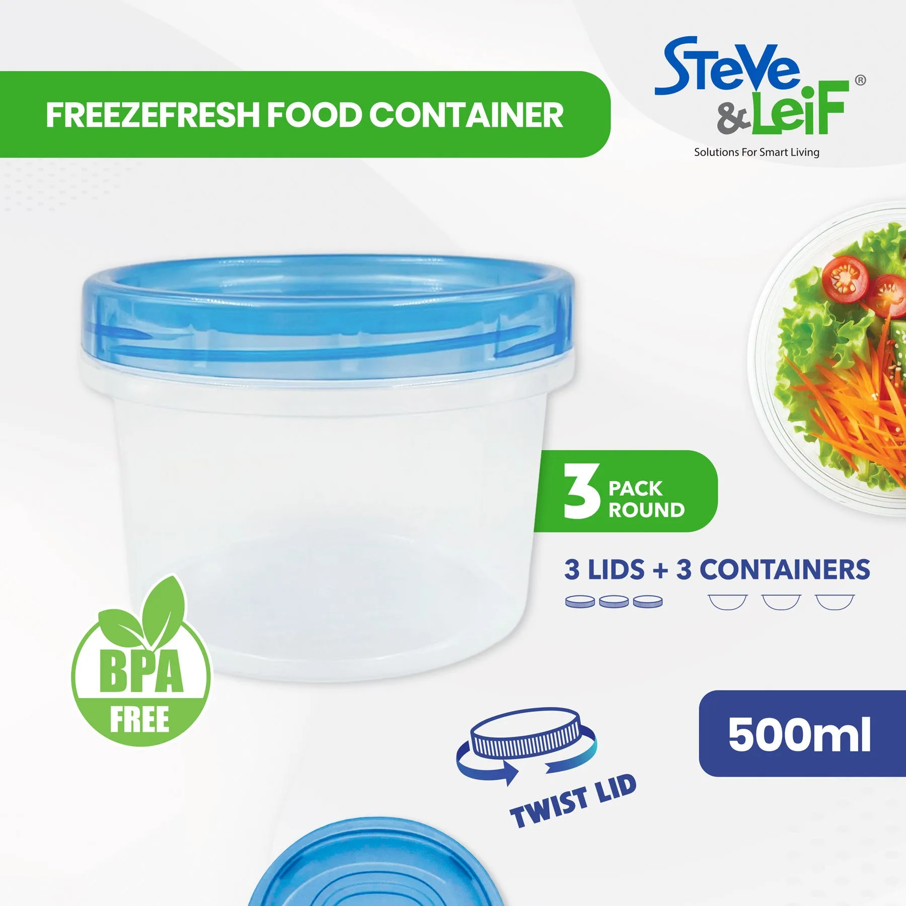 Round Freezefresh Food Containers with Lids 500ml (3 Pcs)