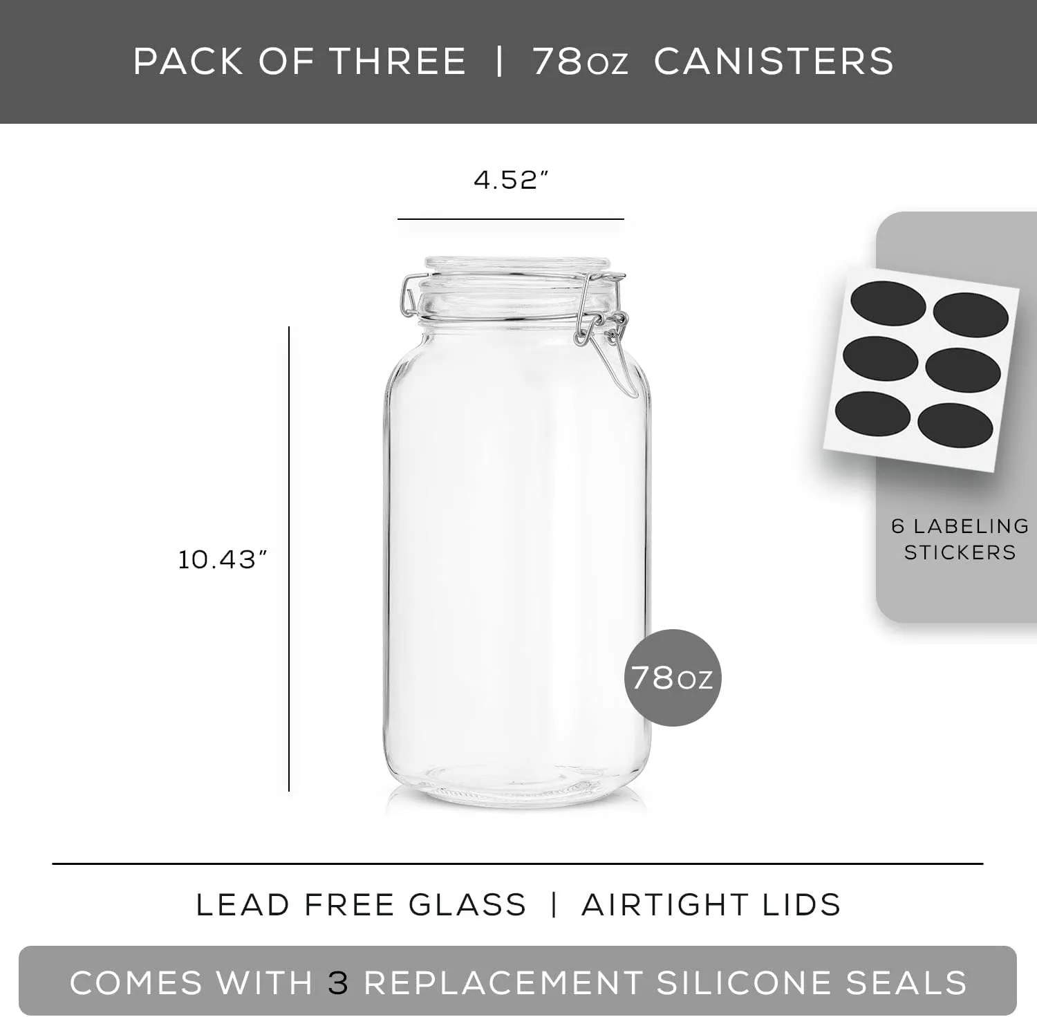 Set of 3 Airtight, Leak Proof Glass Jars with Lids And 6 Silicone Seals- 78Oz, 50oz or 32 Oz