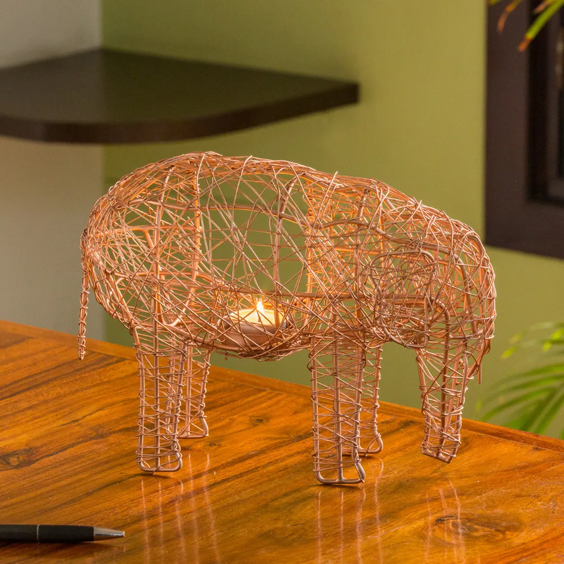 The Elephant Mesh' Handwoven Showpiece & Table Tea-Light Holder In Iron (22.9 cm | Copper Finish)