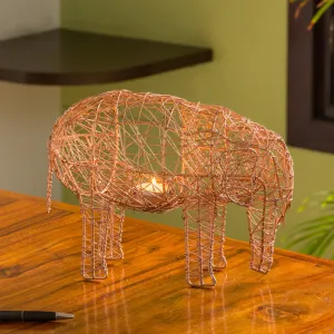 The Elephant Mesh' Handwoven Showpiece & Table Tea-Light Holder In Iron (22.9 cm | Copper Finish)