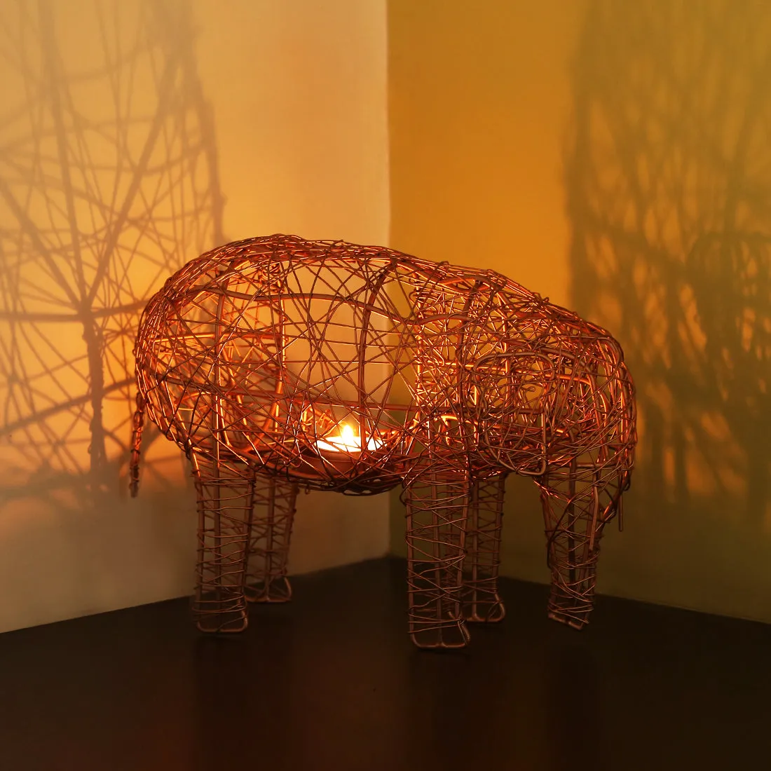 The Elephant Mesh' Handwoven Showpiece & Table Tea-Light Holder In Iron (22.9 cm | Copper Finish)