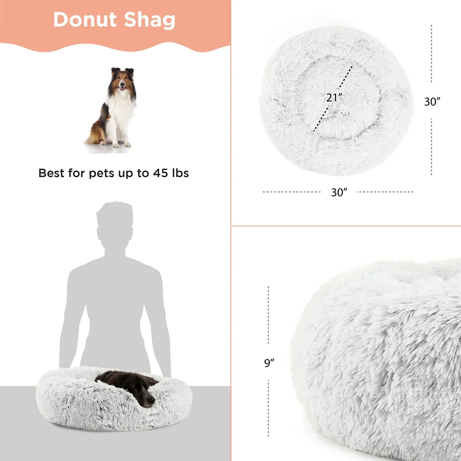 The Original Calming Donut Dog Bed in Shag Fur - 30"x30"