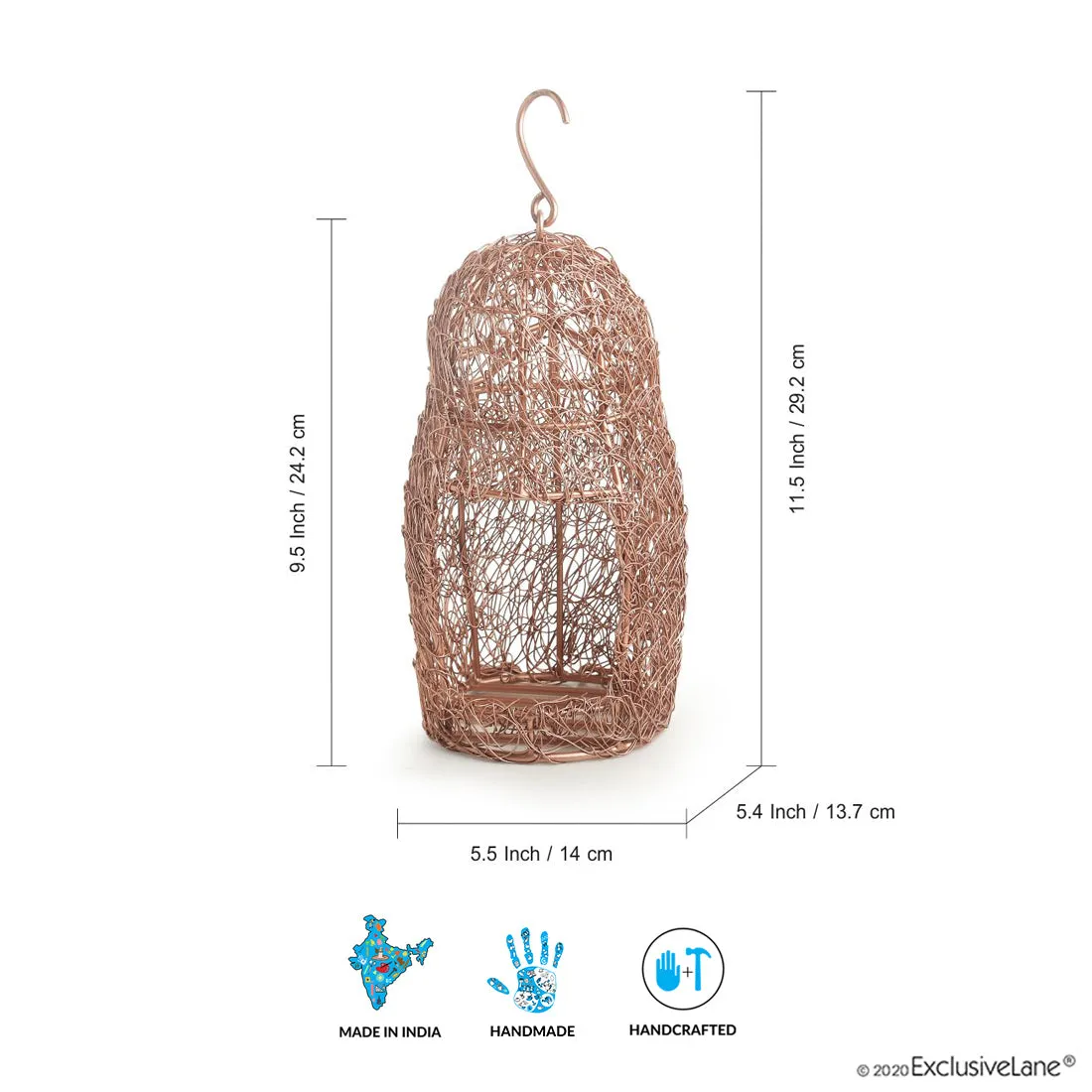 The Spectacled Owl Mesh' Handwoven Showpiece Cum Hanging & Table Tea-Light Holder In Iron (22.9 cm | Copper Finish)