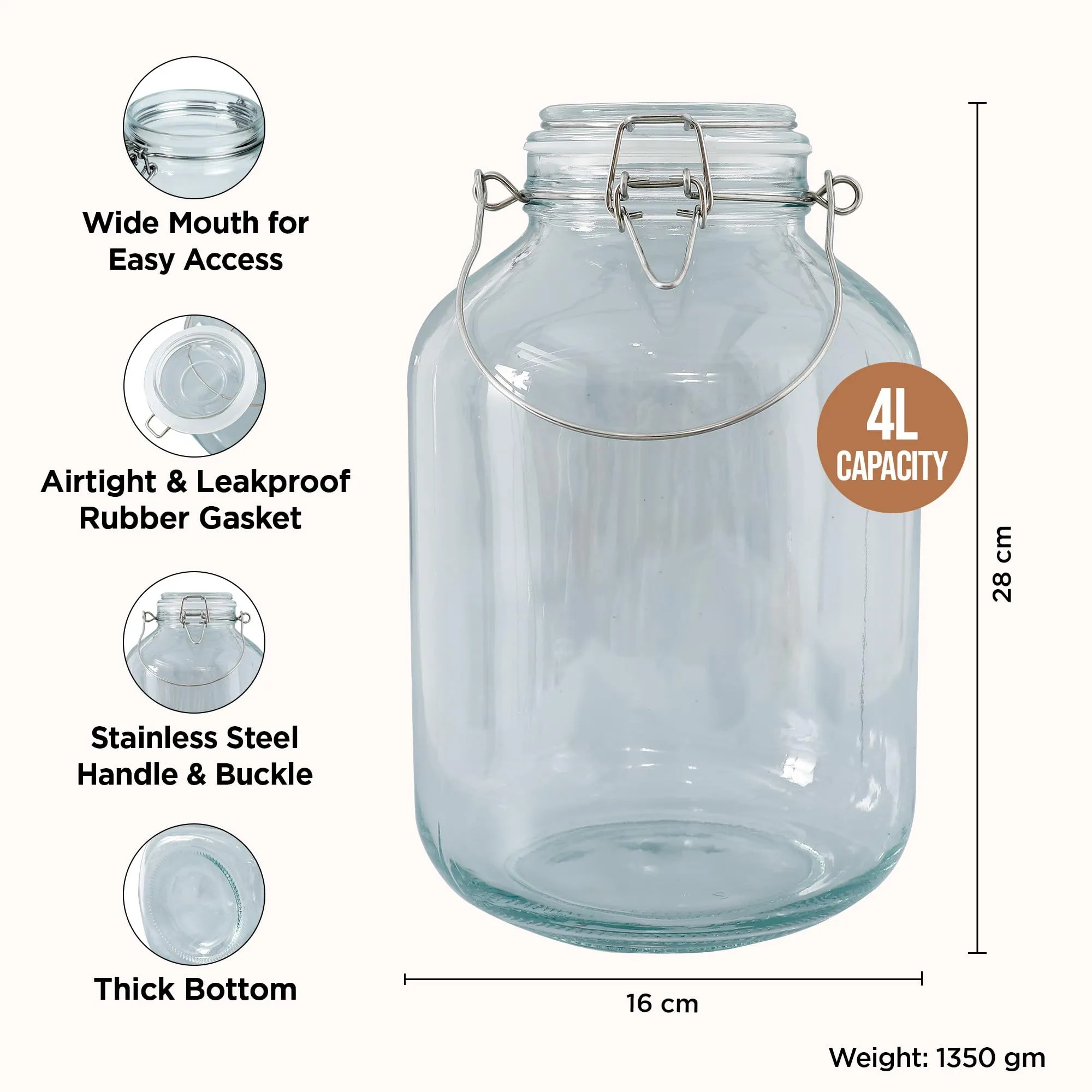 UMAI Glass Kitchen Storage Jars with Airtight Buckle Lids | 4 Liter | Wide Mouth Mason Jars with Stainless Steel Handles & Leakproof Gaskets | Glass Containers with Lid for Food Storage |