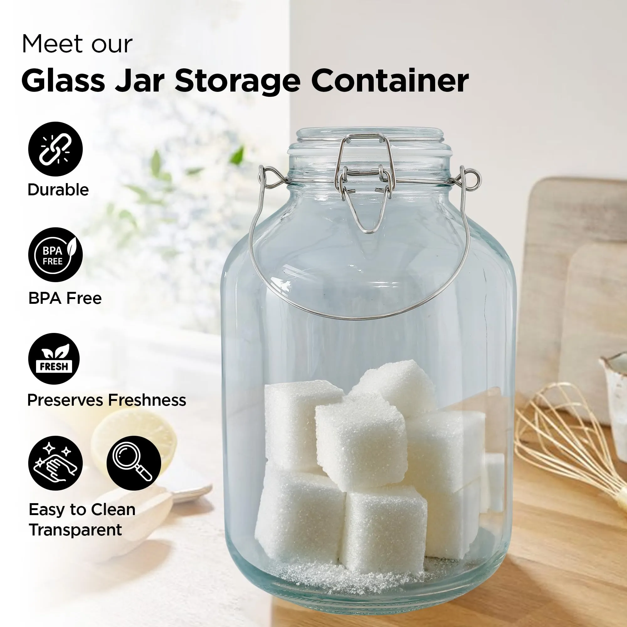 UMAI Glass Kitchen Storage Jars with Airtight Buckle Lids | 4 Liter | Wide Mouth Mason Jars with Stainless Steel Handles & Leakproof Gaskets | Glass Containers with Lid for Food Storage |