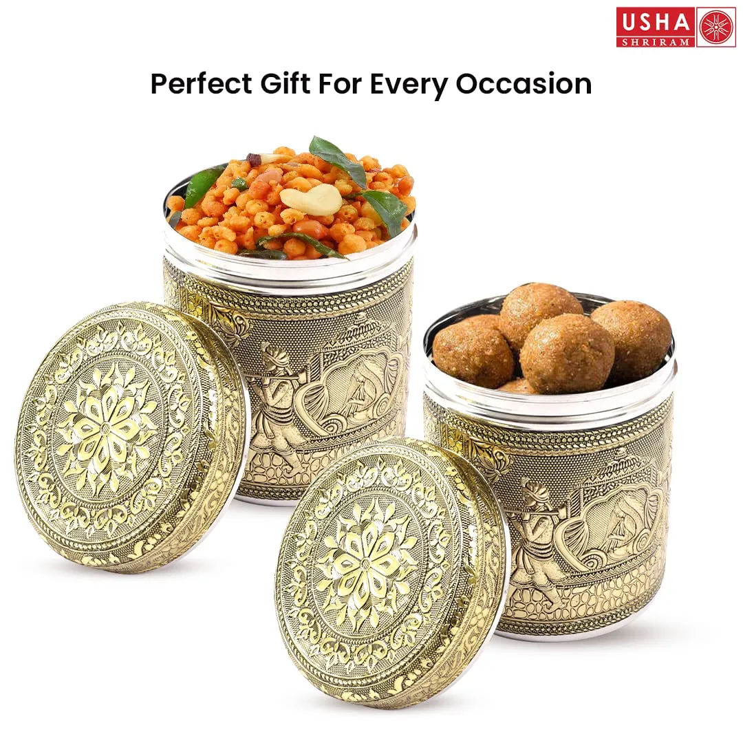 USHA SHRIRAM Stainless Steel Crafted Storage Box |Gift Set | Kitchen Storage Organiser | Dabba For Kitchen | Rust Proof | Multi Purpose Box (Ambrose - 1.6L)