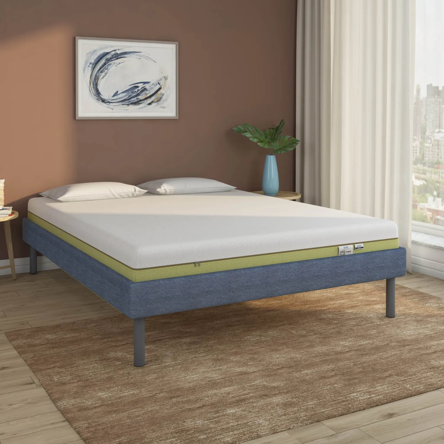 Velvette Upholstered Bed (Blue)   ECOAIR Latex Mattress (Queen)