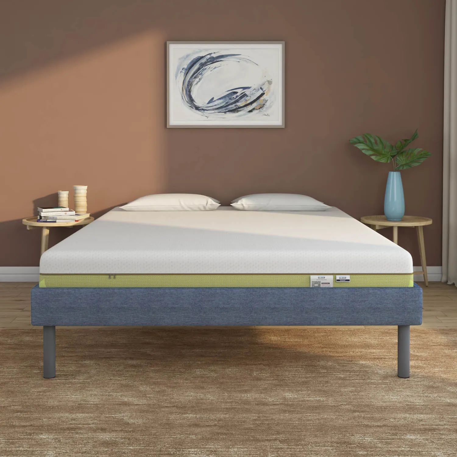 Velvette Upholstered Bed (Blue)   ECOAIR Latex Mattress (Queen)