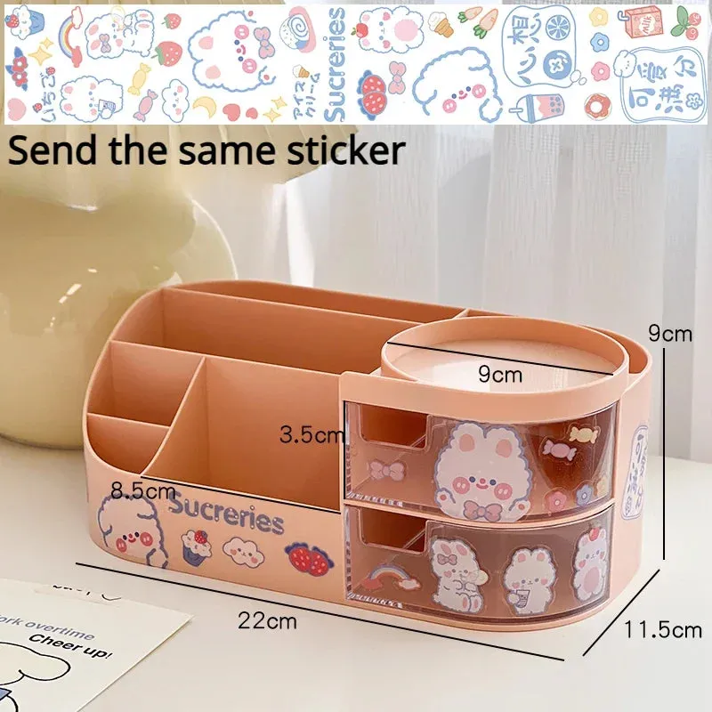 Yeknu Japanese-style Desktop Pen Holder Cute Multi-functional Large-capacity Partition Drawer Desktop Stationery Organizer Storage Box